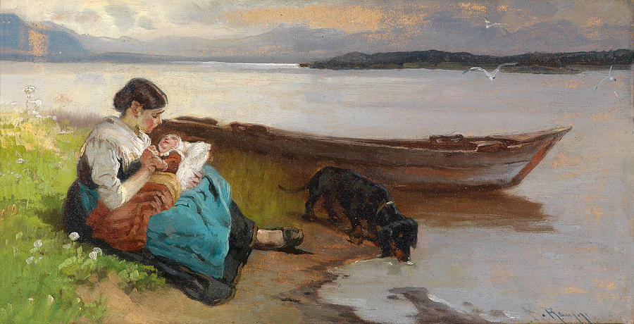 Mother with Child by the Lakeshore Painting by Karl Raupp