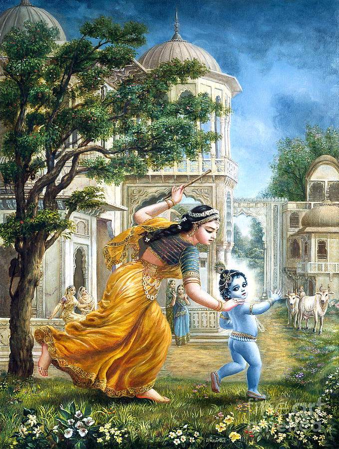 Damodar Painting - Mother Yashoda Tries To Catch Krishna by Dominique Amendola