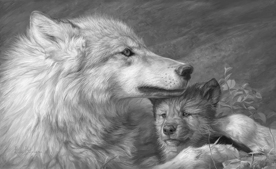 Wolves Painting - Mothers Love - Black and White by Lucie Bilodeau