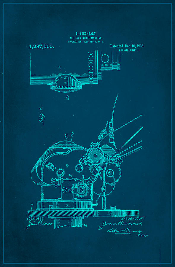 Motion Picture Machine Patent Drawing 1b Mixed Media by Brian Reaves