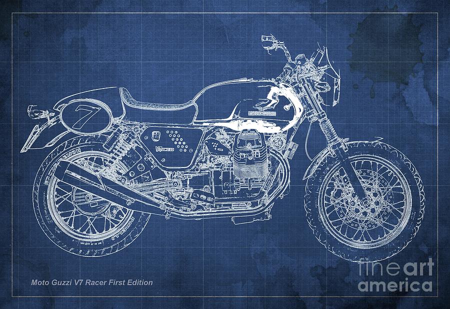 Plano Digital Art - Moto Guzzi V7 Racer First Edition Blueprint Blue Background by Drawspots Illustrations