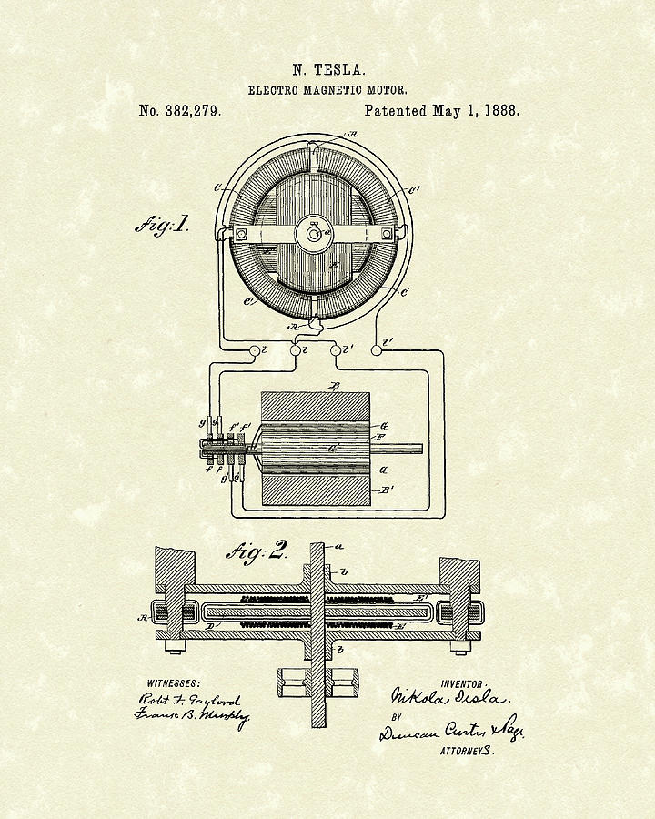 Motor 1888 Patent Art Drawing by Prior Art Design