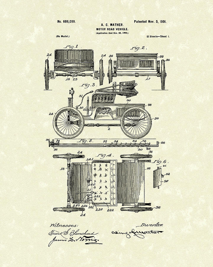 Mather Drawing - Motor Vehicle 1901 Patent Art by Prior Art Design