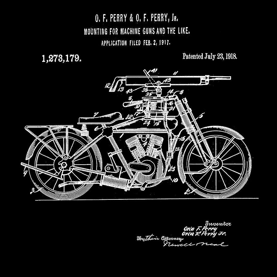 Motorcycle Machine Gun Patent 1918 in Black Digital Art by Bill Cannon