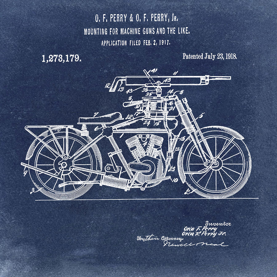 Motorcycle Machine Gun Patent 1918 in Blue Digital Art by Bill Cannon