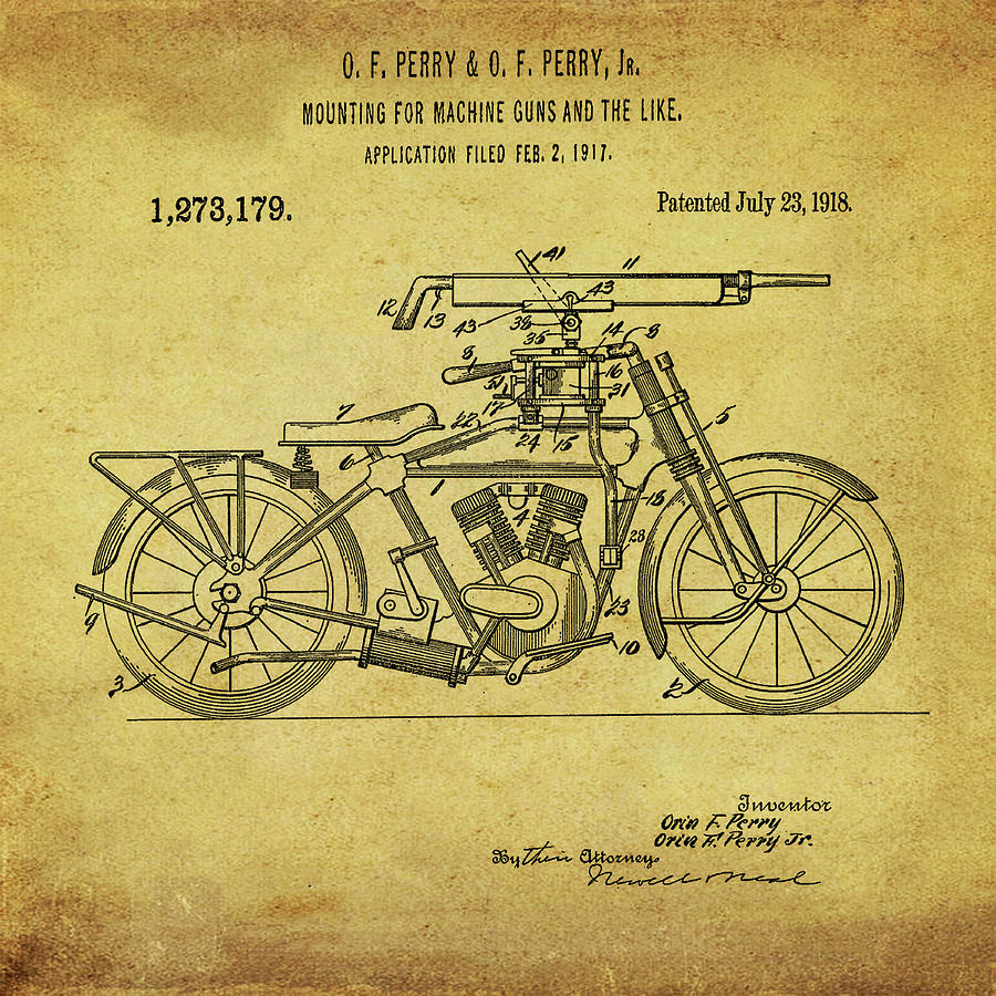 Motorcycle Machine Gun Patent 1918 in Sepia Photograph by Bill Cannon