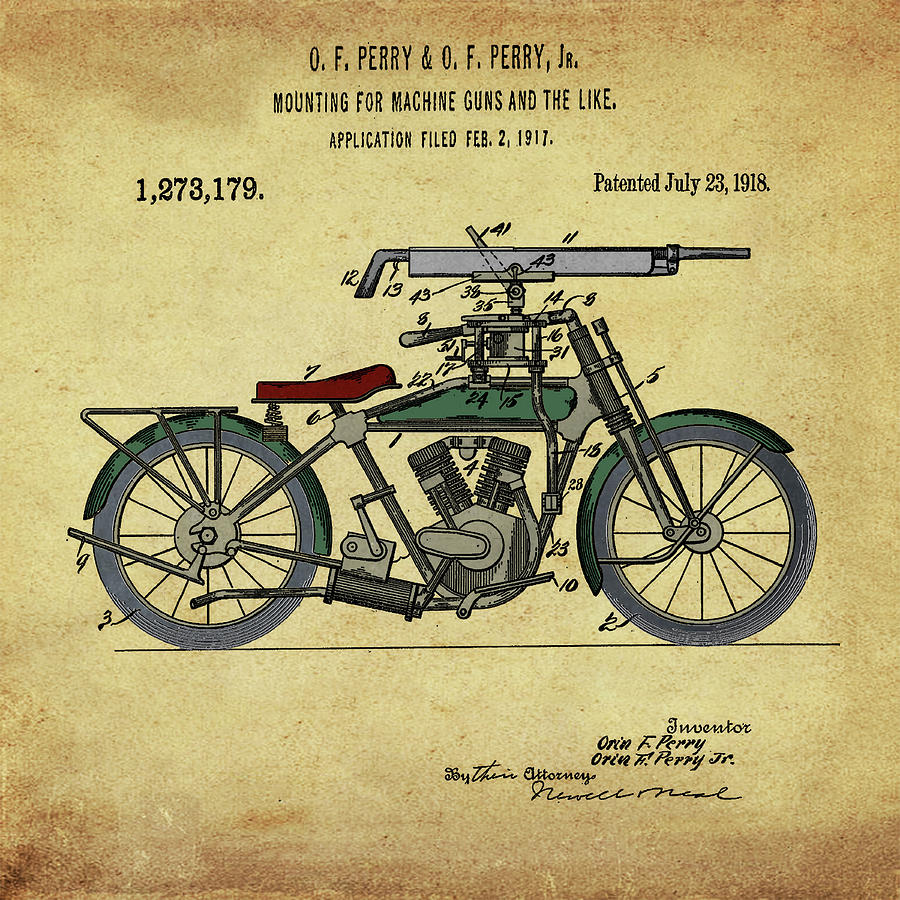 Motorcycle Machine Gun Patent 1918 in Vintage Sepia Digital Art by Bill Cannon