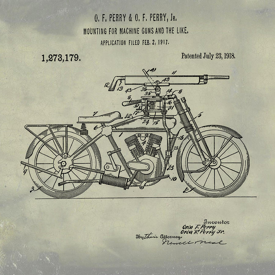 Motorcycle Machine Gun Patent 1918 in Weathered Digital Art by Bill Cannon