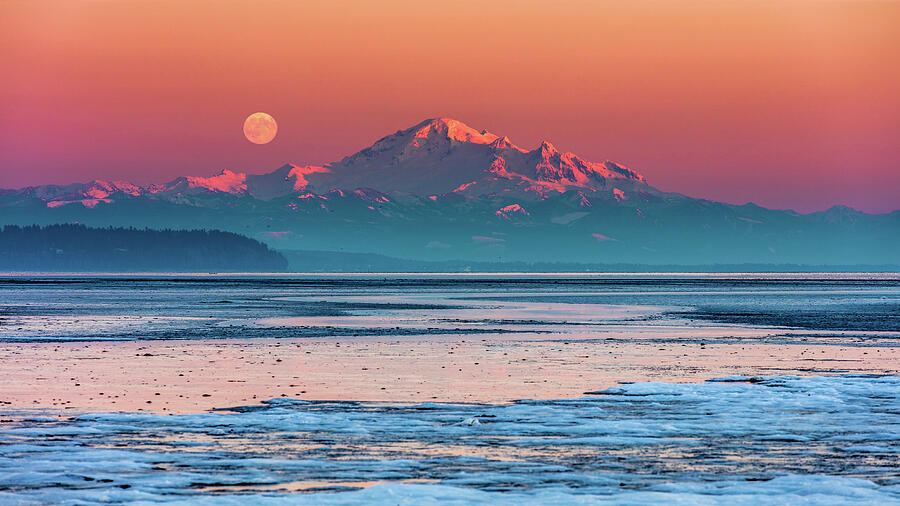 Winter Photograph - Mount Baker Full Moon At Sunset by Pierre Leclerc Photography