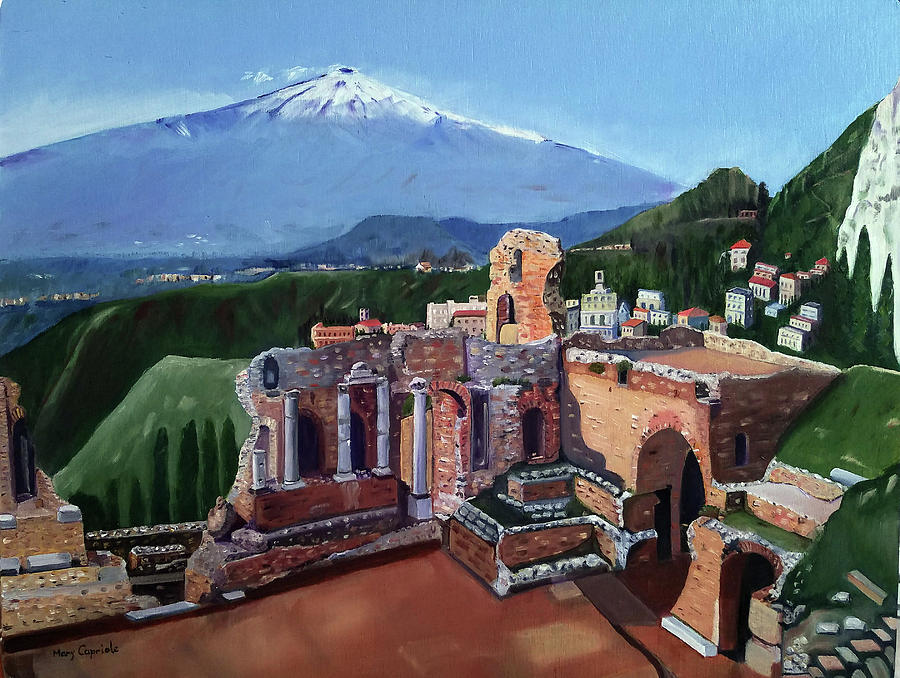 Mount Etna and Greek Theater in Taormina Sicily Painting by Mary Capriole