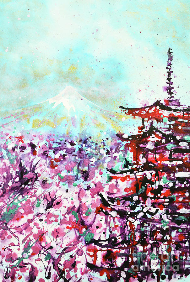 Mount Fuji and the Chureito Pagoda in Spring Painting by Zaira Dzhaubaeva