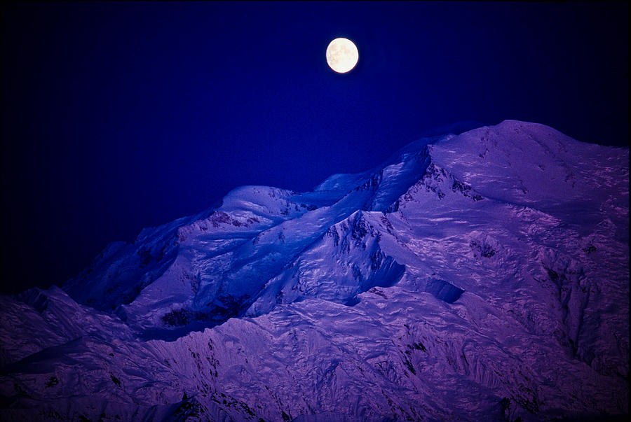 Denali National Park Photograph - Mount McKinley and Setting Moon at Twilight. by Tim Rayburn