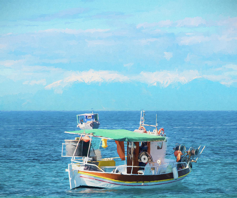 Mount Olympus and Fishing Boats Digital Art by Roy Pedersen