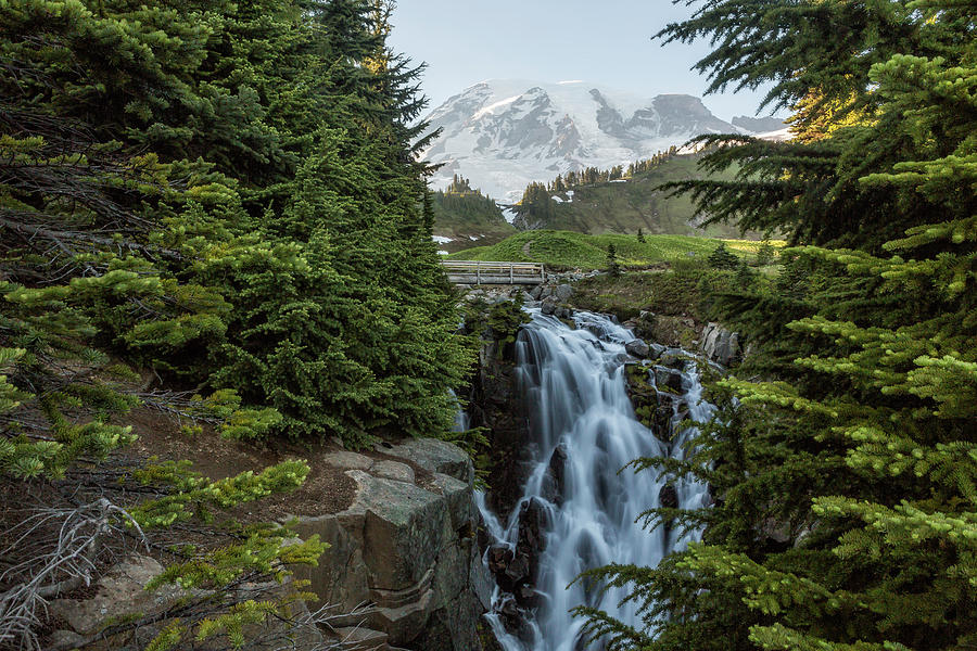 Mount Rainier and Myrtle Falls, Late Afternoon Photograph by Belinda Greb