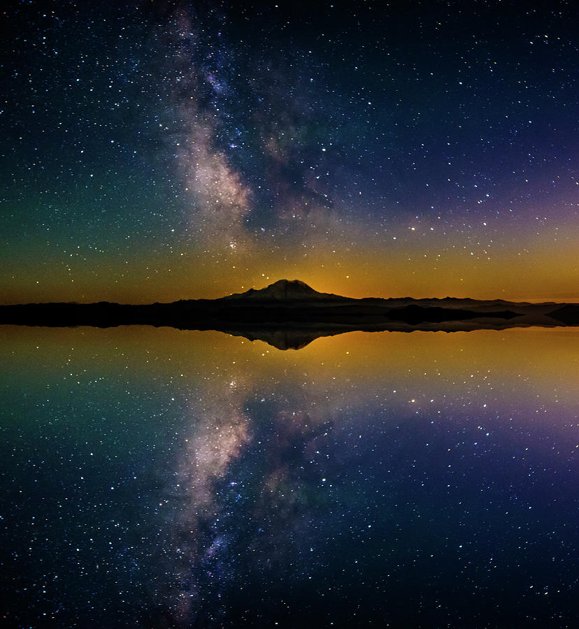 Mount Rainier National Park Digital Art - Taquoma and the Milky Way Reflection by Pelo Blanco Photo