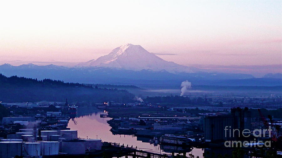Mount Rainier dawn above Port of Tacoma Photograph by Sean Griffin