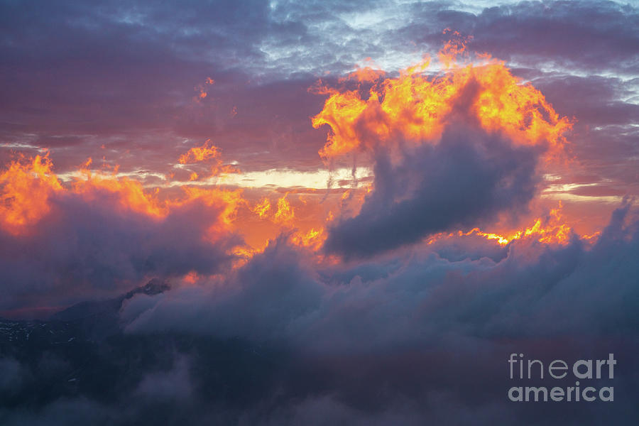 Mount Rainier Fiery Sunset Clouds Photograph