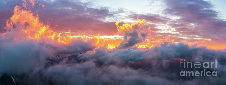 Mount Rainier Fiery Sunset Clouds Motion Photograph