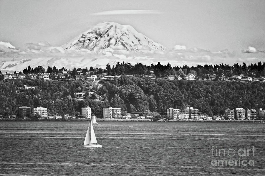 Mount Rainier from Puget Sound B W Photograph by Catherine Sherman