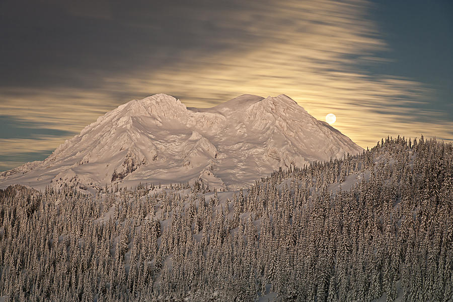 Winter Photograph - Mount Rainier full moonrise winter by Ed Book