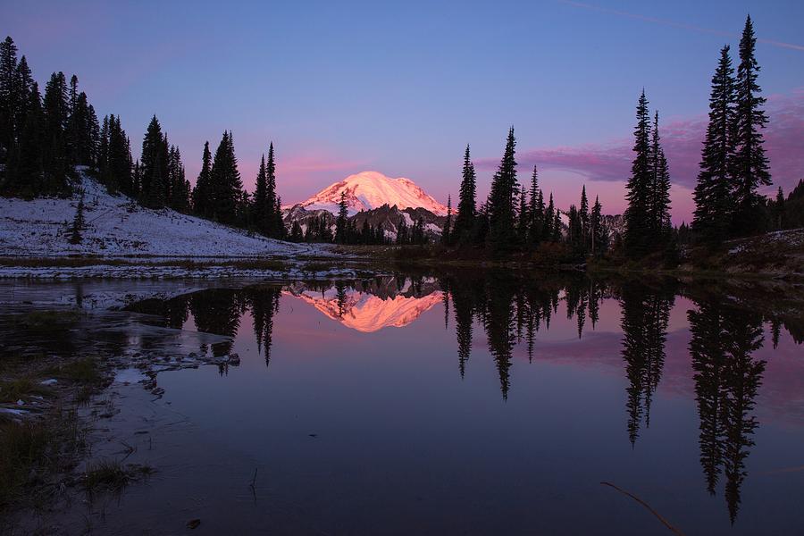 Mount Rainier glow and reflection Photograph by Lynn Hopwood