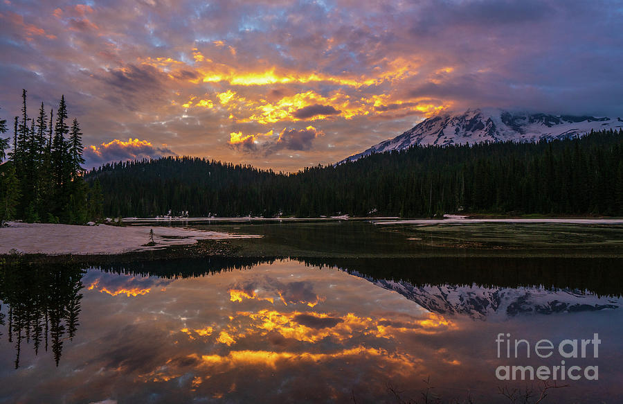 Mount Rainier National Park Reflection Lake Fiery Skies Photograph