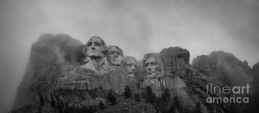 Mount Rushmore Break In The Clouds Pano Bw Photograph