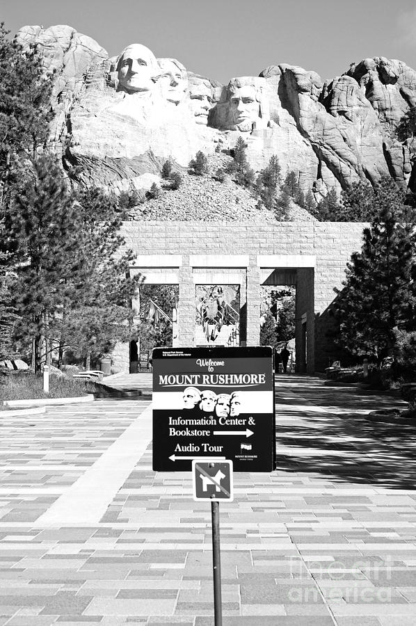 George Washington Photograph - Mount Rushmore National Monument Entrance Sign South Dakota Black and White by Shawn OBrien