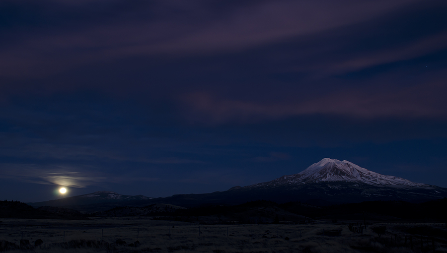 Winter Photograph - Mount Shasta moonrise by Loree Johnson