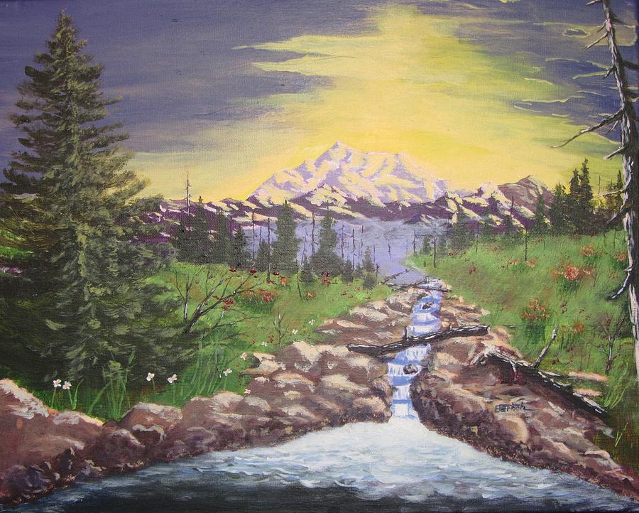 Mountain and Waterfall Painting by David Bartsch