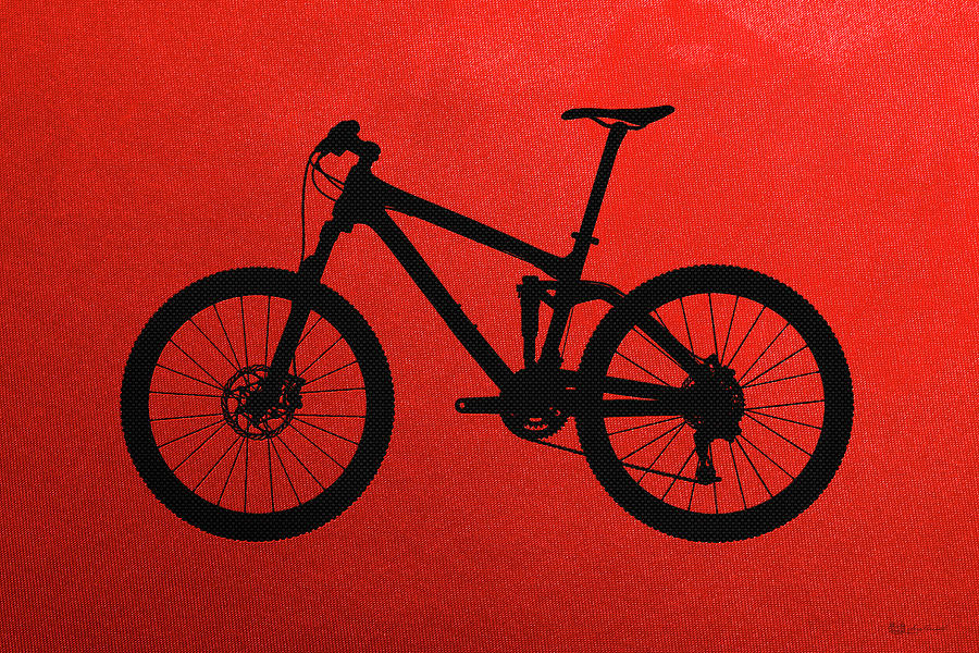 Mountain Bike Silhouette - Black on Red Canvas Digital Art by Serge Averbukh