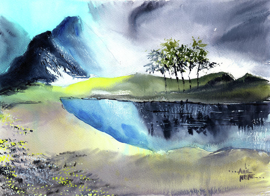 Mountain Lake Painting by Anil Nene