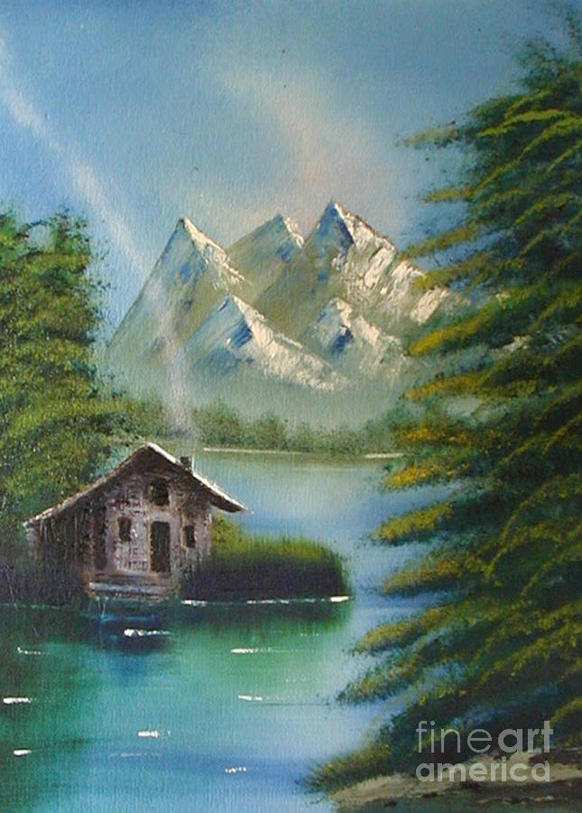 Mountain Lake Cabin Painting by Marianne NANA Betts