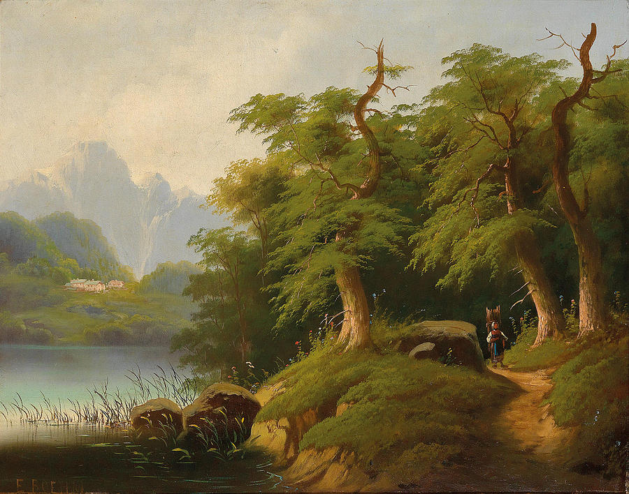 Mountain Lake with decorative figures Painting by Eduard Boehm