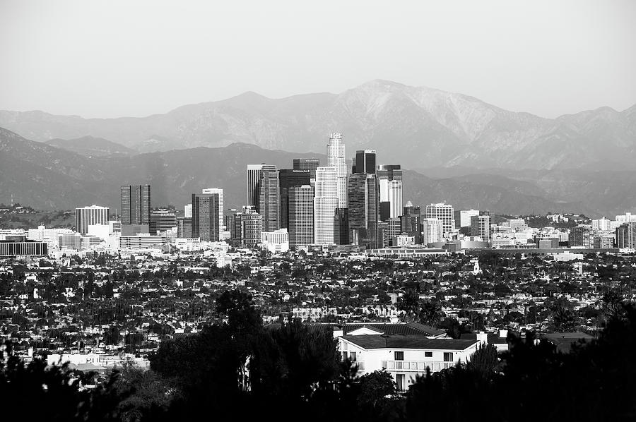 Mountain Landscape and the Los Angeles Skyline - Black and White Photograph by Gregory Ballos