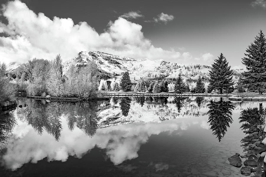 Mountain Landscape Reflections - Aspen Colorado Snowmass Village - Monochrome Photograph by Gregory Ballos