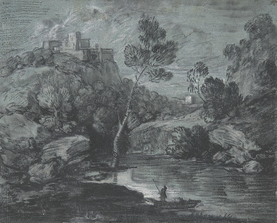 Mountain Landscape with a Castle and a Boatman Drawing by Thomas Gainsborough
