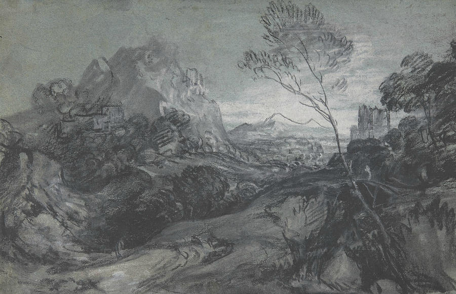 Mountain Landscape with Figures and Buildings Drawing by Thomas Gainsborough