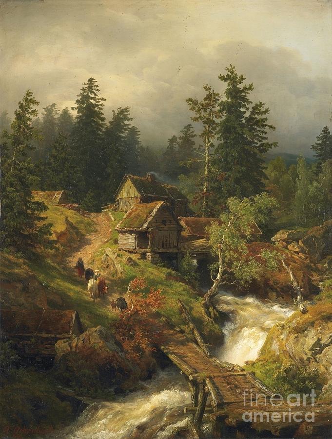 Mountain Landscape With Torrent And Water-mill Painting by MotionAge Designs