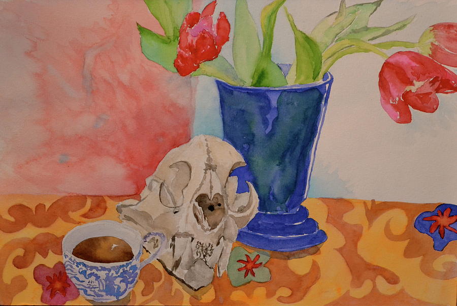 Mountain Lion Skull Tea and Tulips Painting by Beverley Harper Tinsley