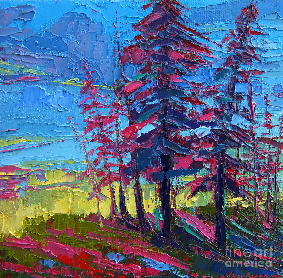 Mountain Pine Trees over a Sunset Modern Impressionistic palette knife oil painting Painting by Patricia Awapara