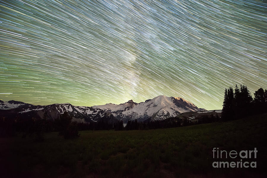 Mountain Rainier Star Trails  Photograph by Michael Ver Sprill