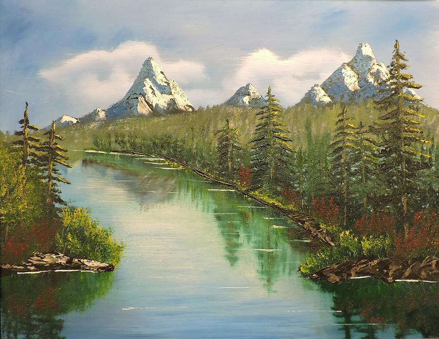 Mountain river among the pine trees Painting by Jerry Repasy | Fine Art ...