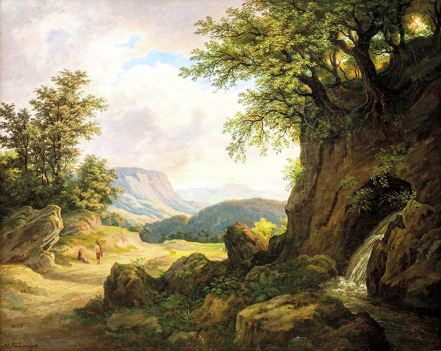 Mountain Spring With A View Of A Sunlit Valley With People Staffage Painting by MotionAge Designs