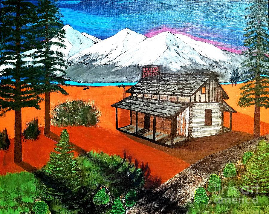 Mountain Sunset Cabin Landscape Painting By Scott D Van Osdol