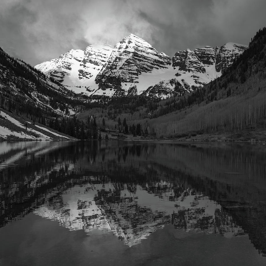 Mountain Top Light - Black and White Maroon Bells Landscape 1x1 Photograph by Gregory Ballos