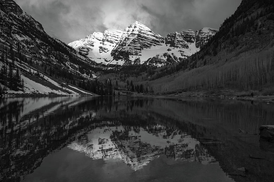 Mountain Top Light - Black and White Maroon Bells Landscape Photograph by Gregory Ballos