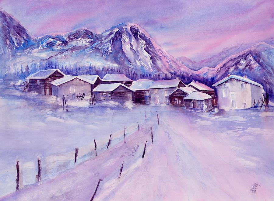 Mountain village in snow Painting by Sabina Von Arx