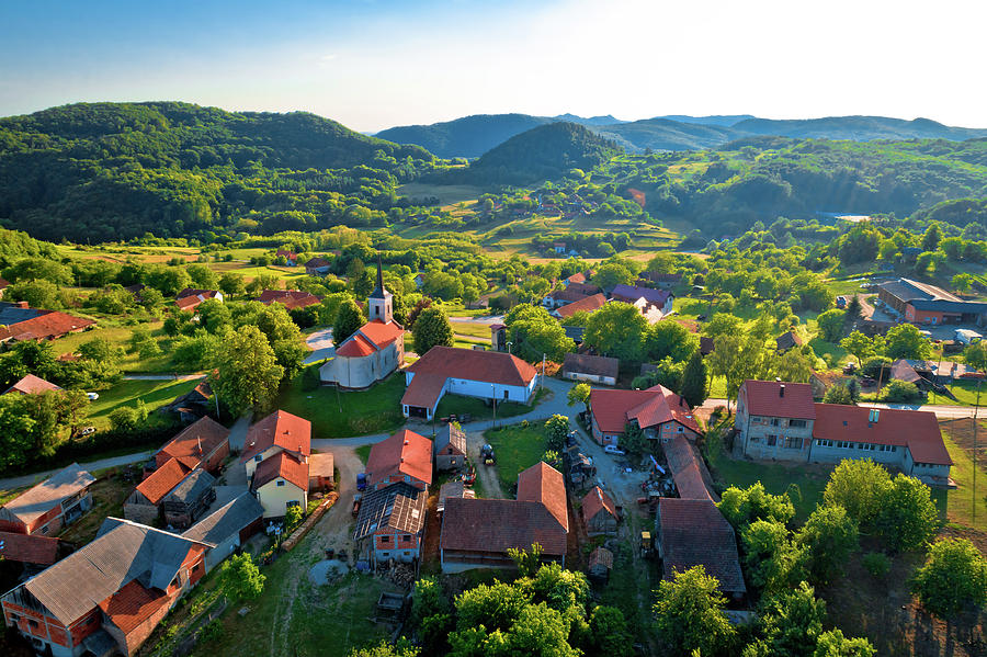 Mountain village of Apatovec sunset aerial view Photograph by Brch Photography