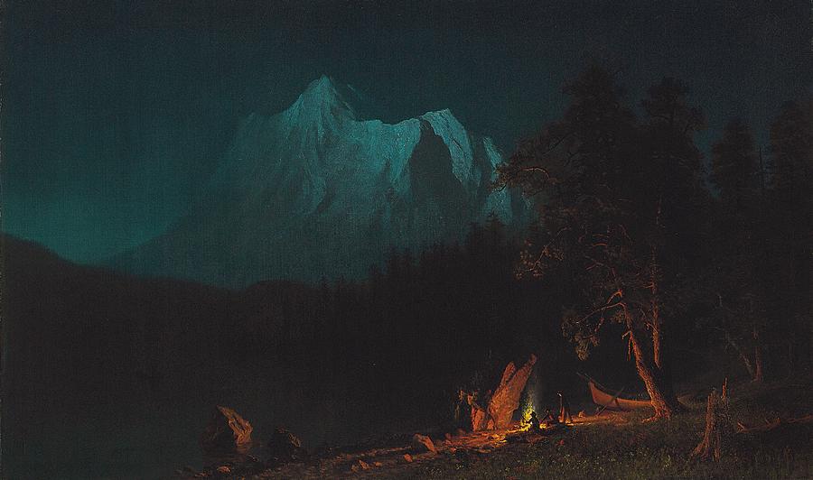 Chiaroscuro Painting - Mountainous Landscape by Moonlight by Albert Bierstadt